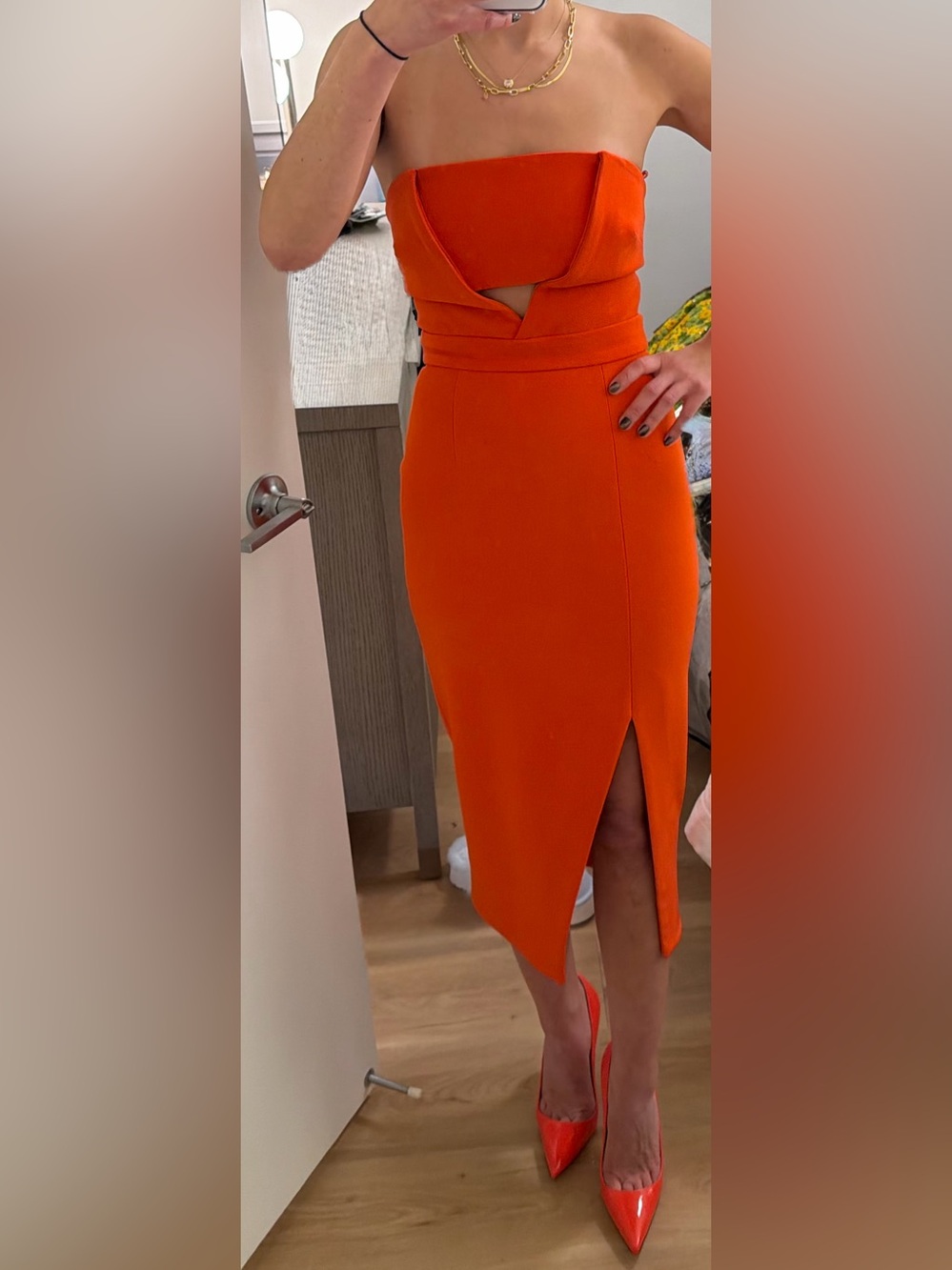 NICHOLAS Orange Coral Red Silk Strapless Cutout Front Slit Cocktail Dress Size 2 - Picture 15 of 15